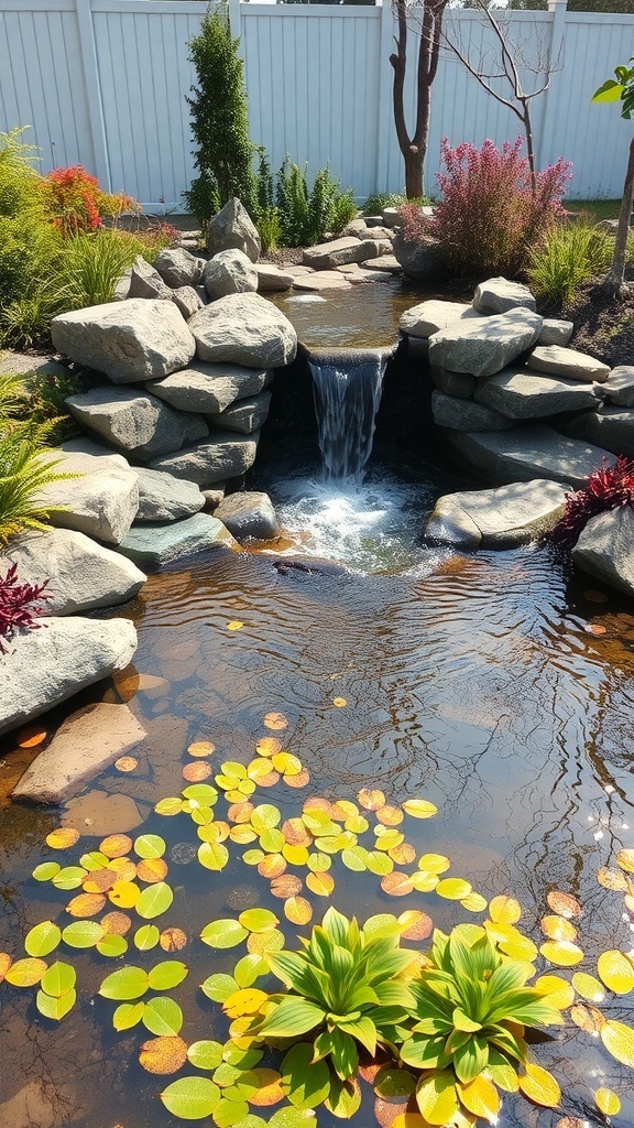 A serene garden pond with a waterfall, surrounded by rocks and vibrant plants.