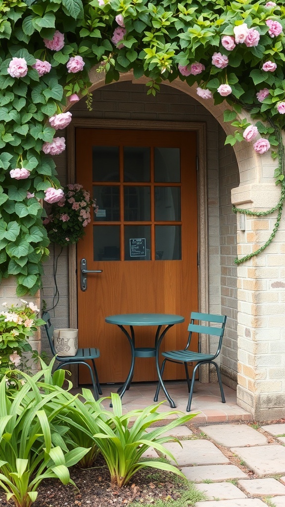 A cozy garden nook with a wooden door, surrounded by pink flowers and green leaves, featuring a small table and chairs.