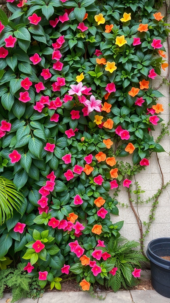 A vibrant wall covered with climbing flowers in shades of pink, orange, and yellow.