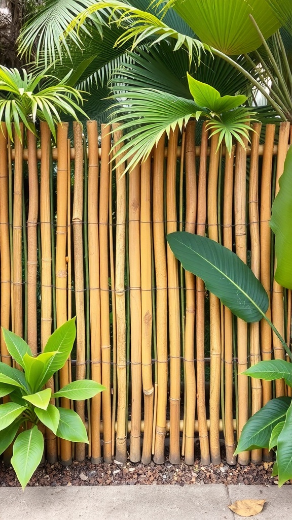 A bamboo fence surrounded by lush green plants