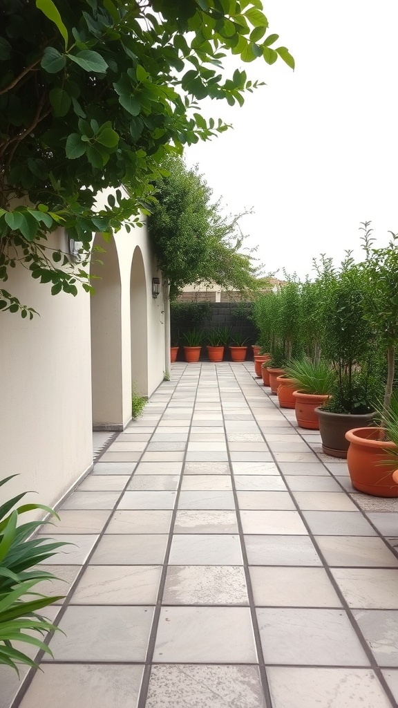 A pathway in a terrace garden lined with terracotta pots and greenery.