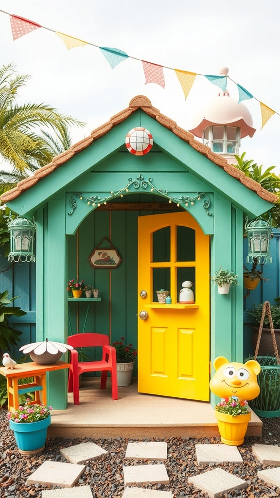 A colorful playhouse shed with a yellow door, turquoise walls, and decorative elements like bunting and flower pots.