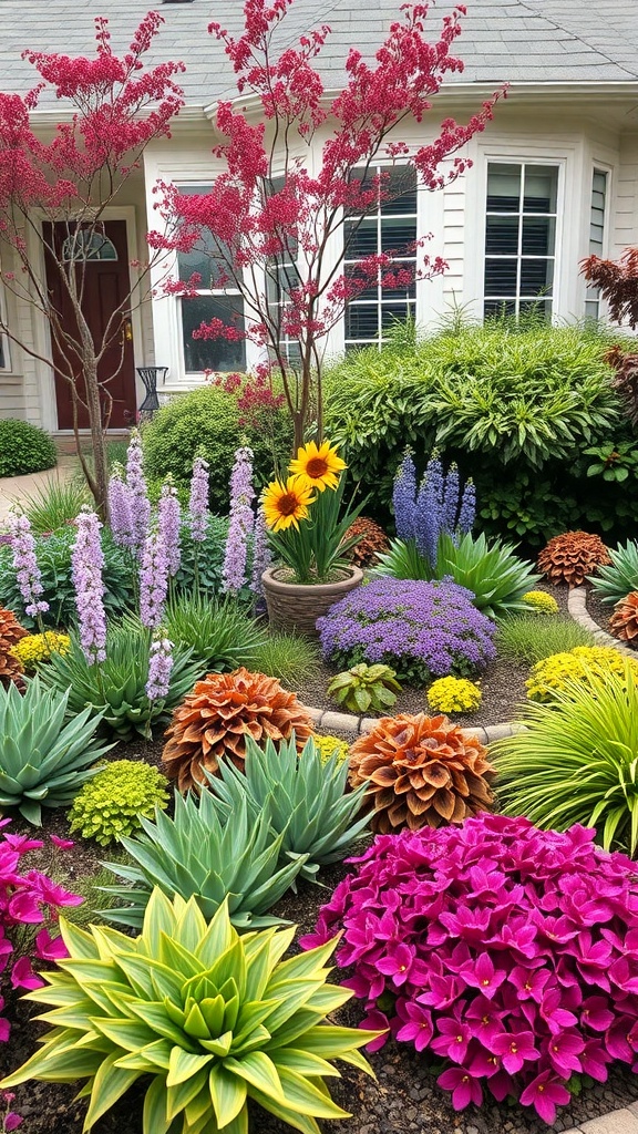 A colorful front yard garden featuring various flowers and plants in vibrant hues.
