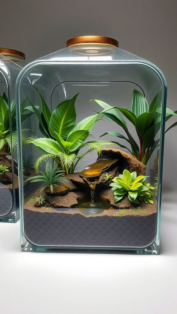 A terrarium featuring various plants and a small water feature, showcasing a mini-ecosystem.
