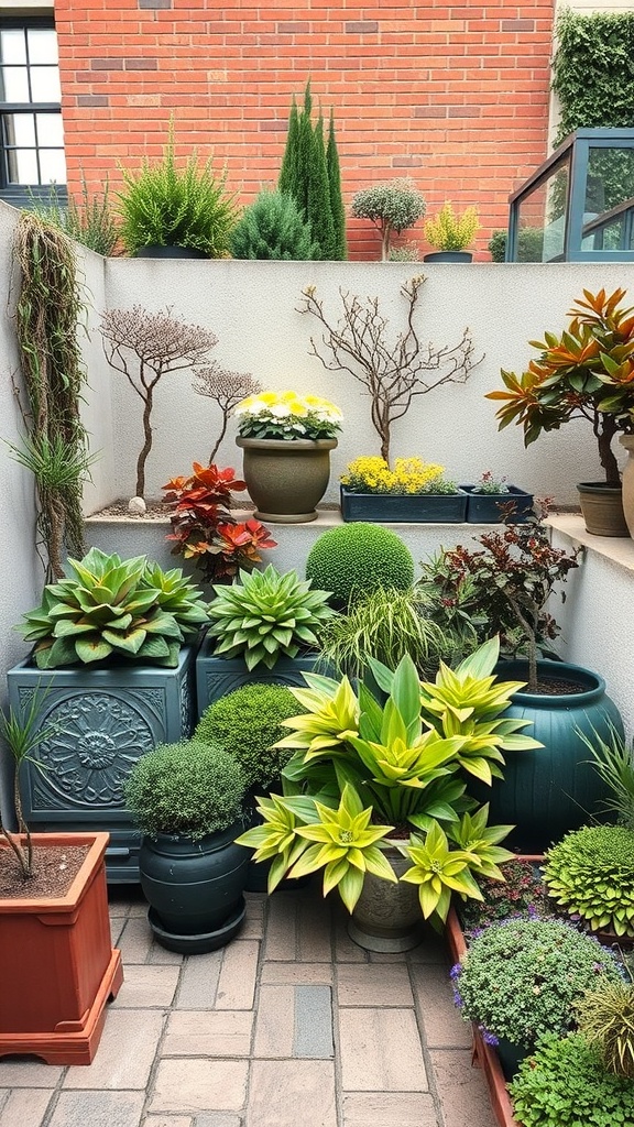 A terrace garden with a variety of plants in pots, showcasing seasonal diversity.