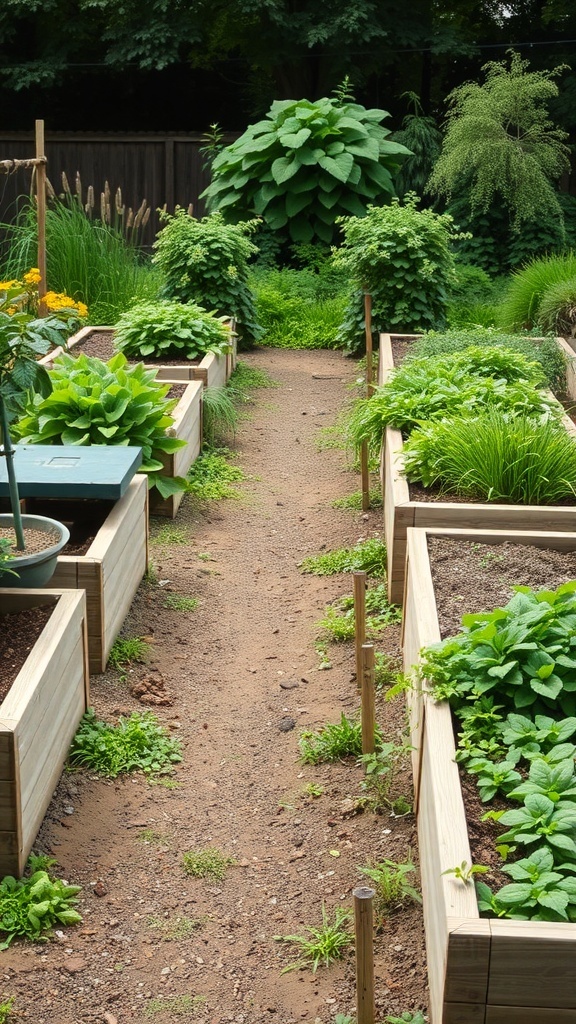 A garden with raised beds filled with various plants and a dirt path in between.