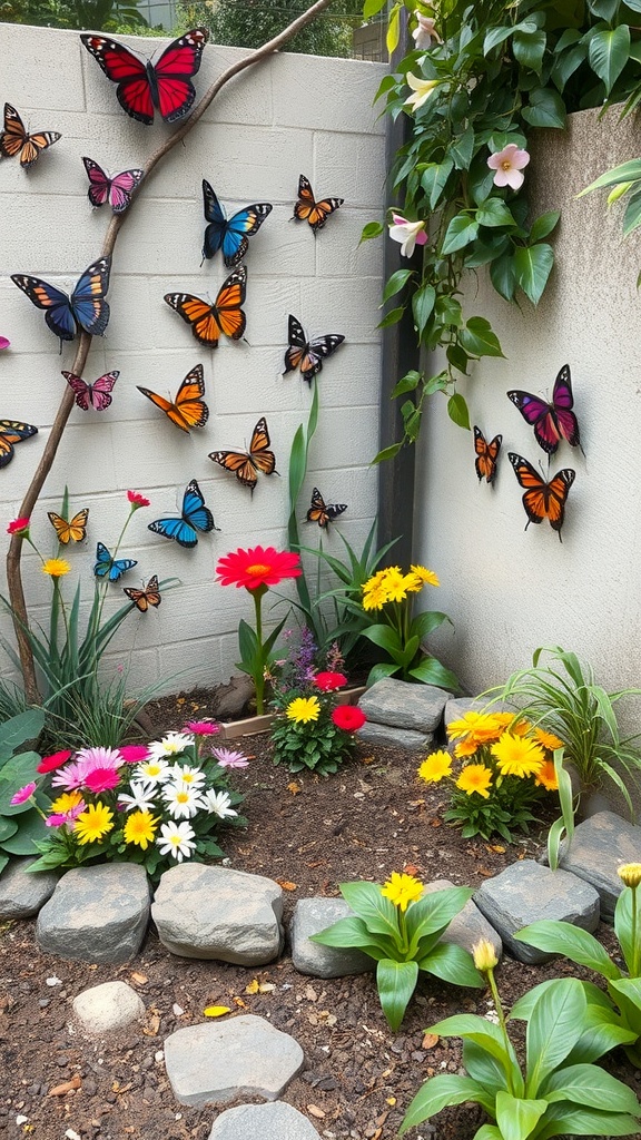A small garden corner with colorful flowers and decorative butterflies on the wall.