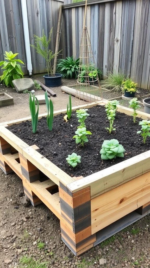 A recycled pallet garden bed with various plants growing in it.