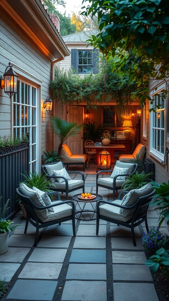 Cozy seating area in a side garden with chairs, fire pit, and greenery.