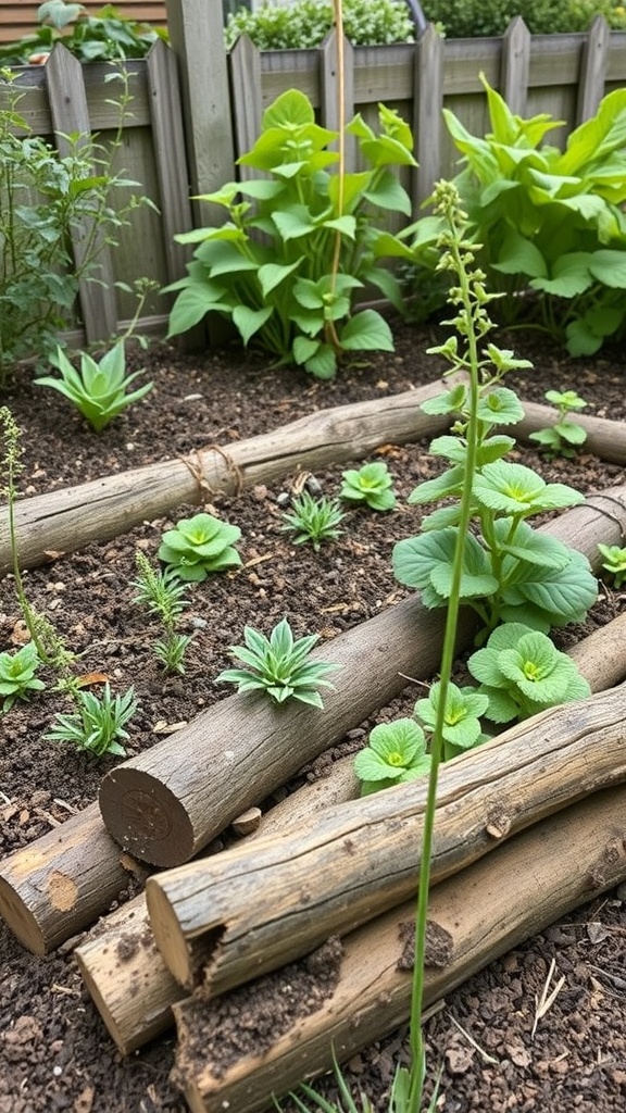 A hugelkultur garden bed featuring logs and various plants growing around them.