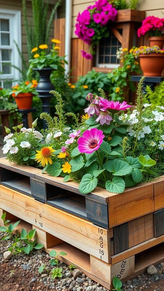 A colorful wooden pallet garden bed filled with various flowers, showcasing a rustic garden design.