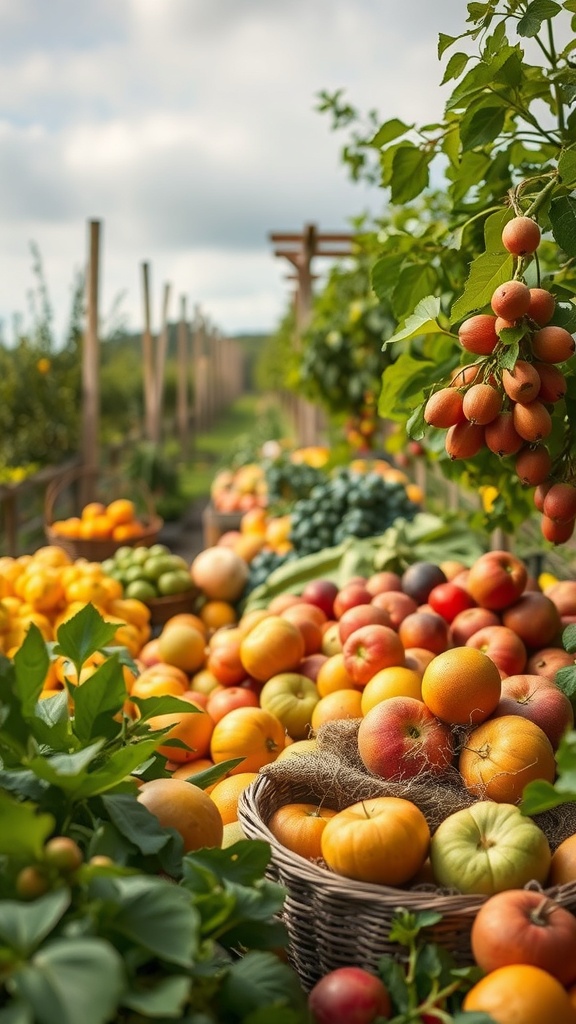 A vibrant garden filled with a variety of fruits and vegetables, showcasing a bountiful harvest.