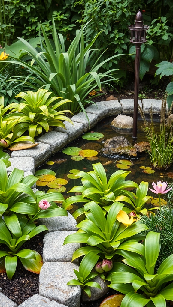 A serene garden pond surrounded by lush aquatic plants and stones.