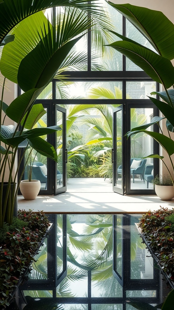 A tropical garden design featuring large glass doors opening to a lush outdoor space, surrounded by palm leaves and colorful plants.