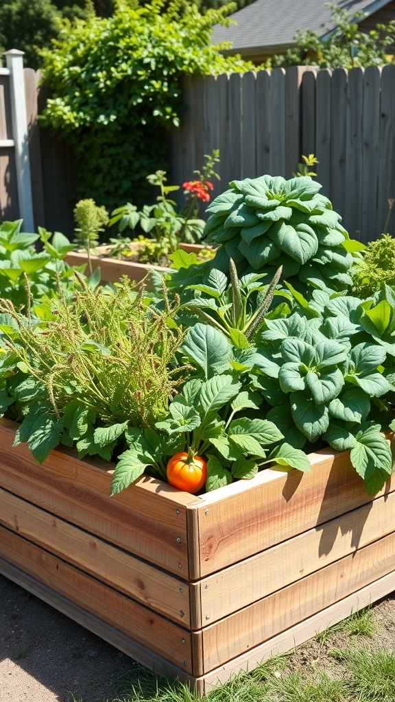 A raised bed planter filled with green plants and a ripe orange tomato.