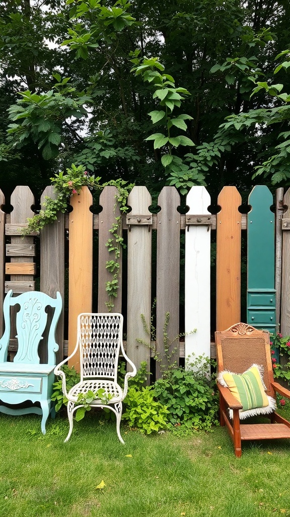 A colorful garden fence made from various wooden planks, with upcycled furniture including a blue chair, a white metal chair, and a brown wooden chair, surrounded by greenery.