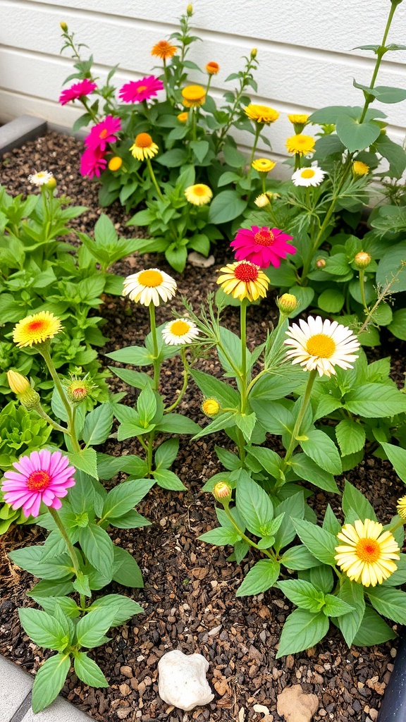 A colorful small garden with various labeled flowers, showcasing seasonal plant selection.