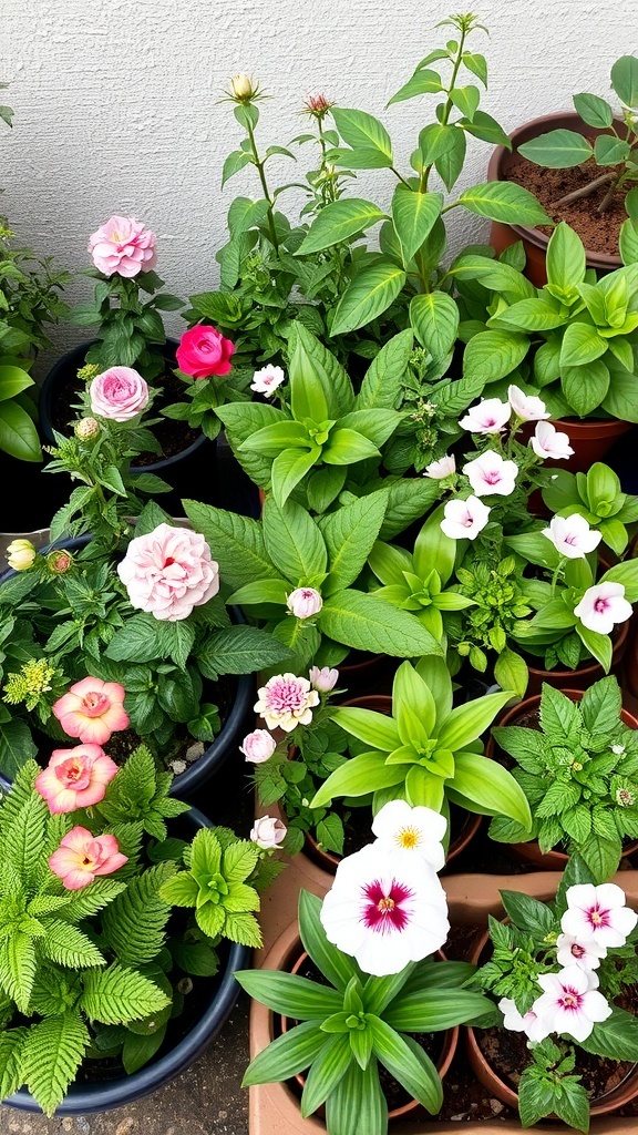 A vibrant collection of various flowering plants in pots, showcasing a mix of colors and textures.
