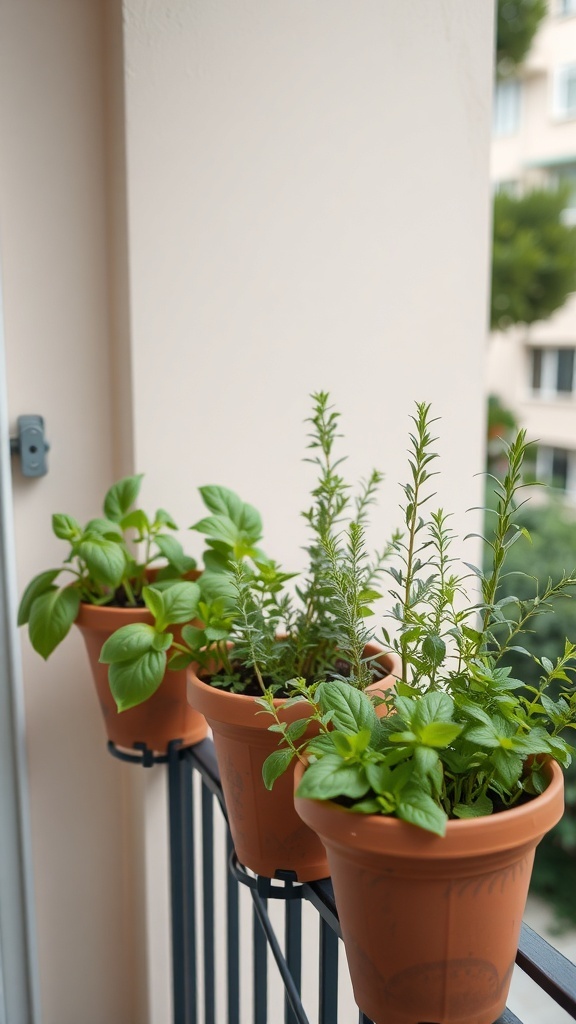 Potted herbs on a balcony railing, including basil, rosemary, and mint.