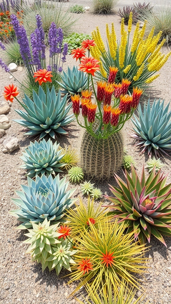 A vibrant arrangement of drought-tolerant plants including colorful flowers and succulents in a dry garden setting.