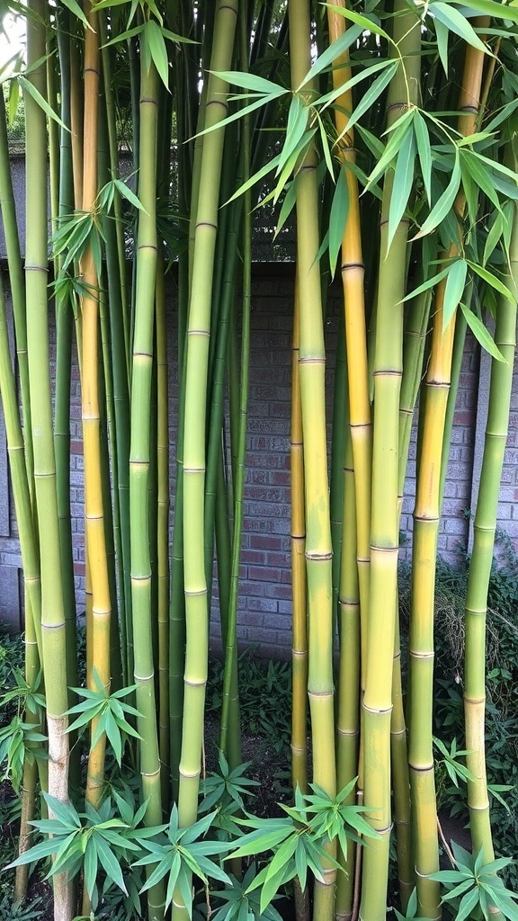 A collection of bamboo stalks in various shades of green and yellow, showcasing different species.