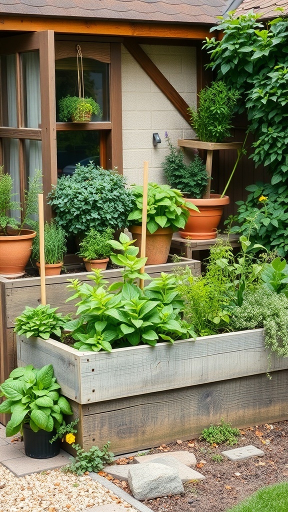 A rustic herb garden featuring wooden planters filled with various herbs, complemented by potted plants and a cozy architectural backdrop.