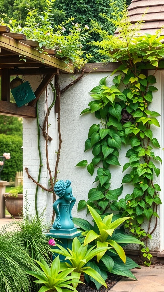 A cottage garden with climbing plants on a white wall, featuring a statue and lush greenery.