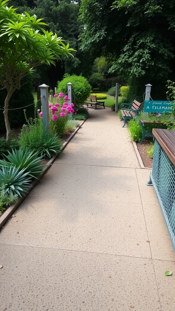 A serene garden pathway lined with colorful flowers and greenery, featuring benches for relaxation.