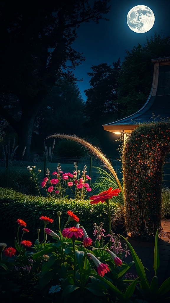 A garden at night with colorful flowers blooming under a bright moon.