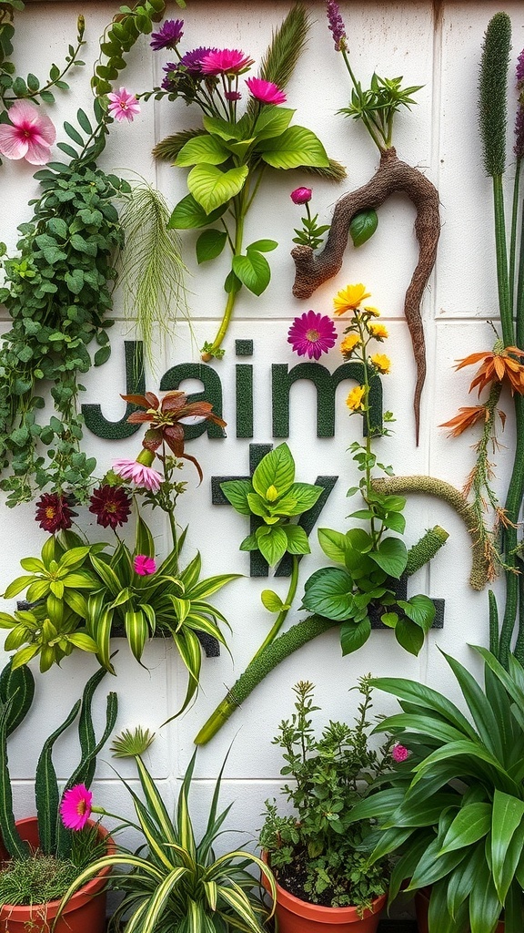 A vibrant vertical garden featuring various plants and flowers arranged on a wall.