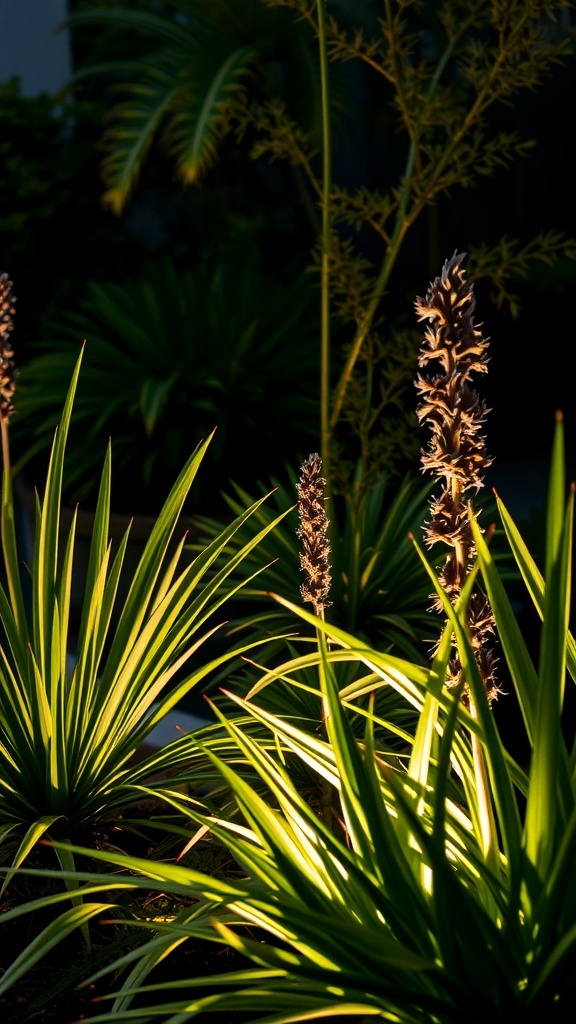 A statue illuminated by soft light in a garden, surrounded by green plants.