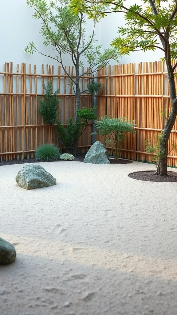 A serene Zen garden featuring smooth rocks, raked sand, and lush greenery surrounded by a bamboo fence.