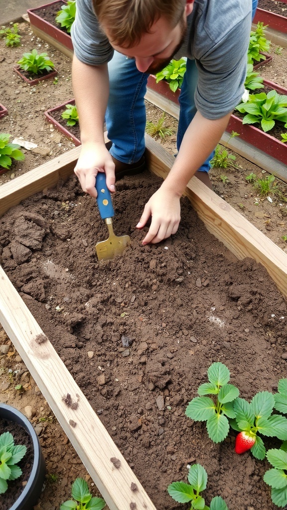 A person preparing soil in a raised garden bed for planting strawberries.