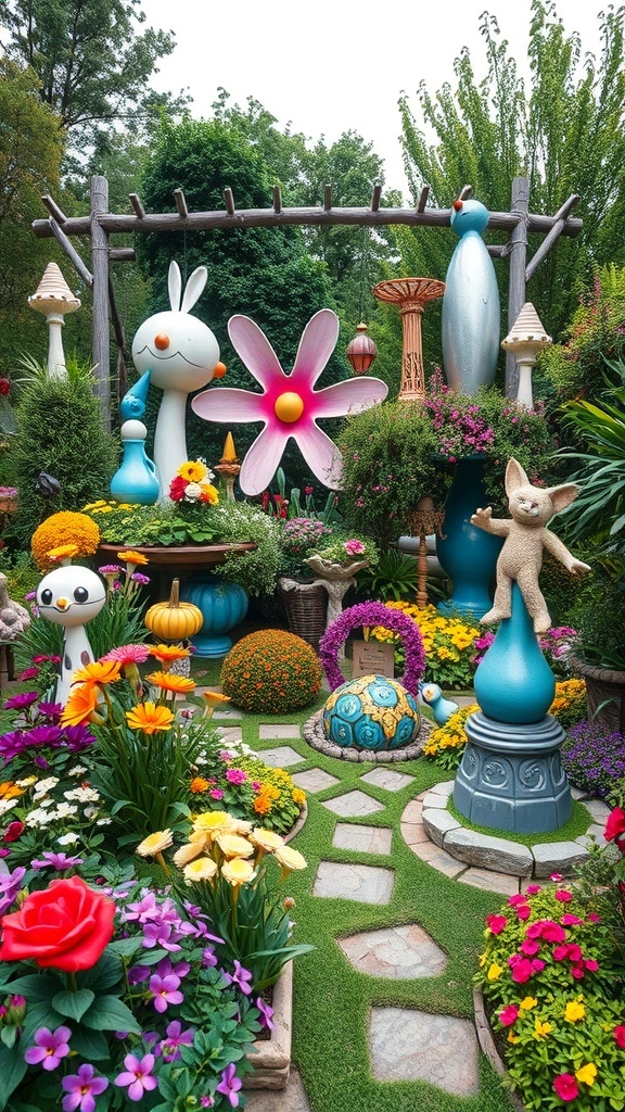 A colorful garden featuring whimsical sculptures, vibrant flowers, and stone pathways.