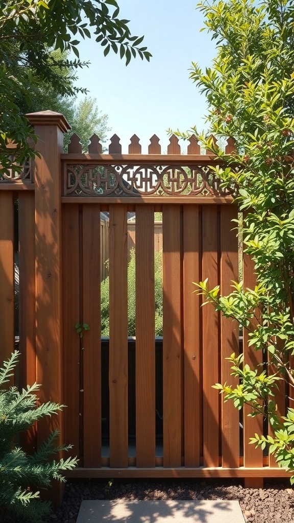 A decorative wooden fence with an intricate design at the top, surrounded by lush greenery.