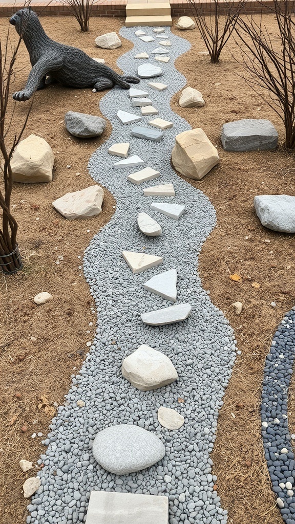 A dry garden featuring a winding stone path, gravel, and a playful dog sculpture.