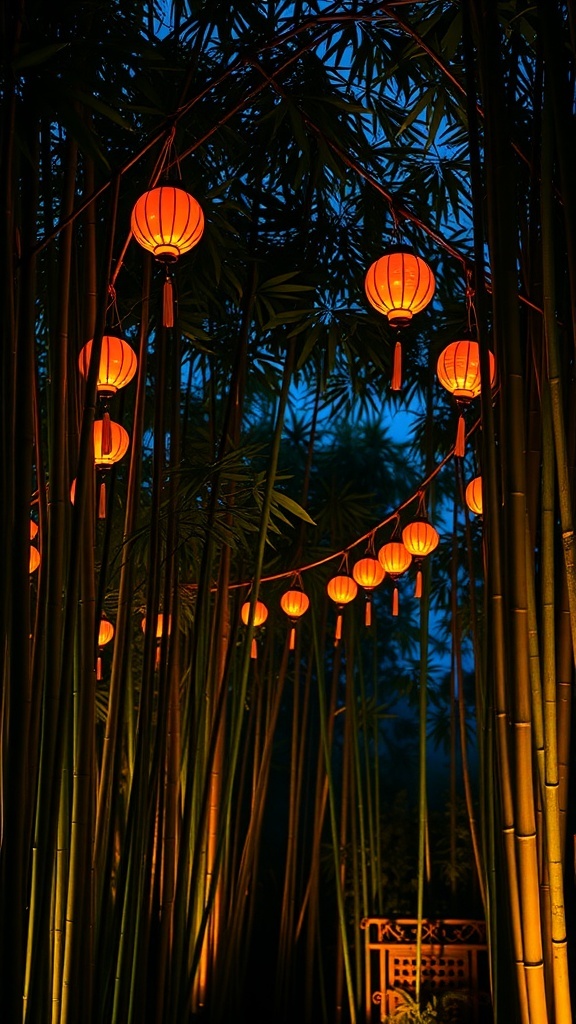 Bamboo garden with orange lanterns hanging among the bamboo stalks