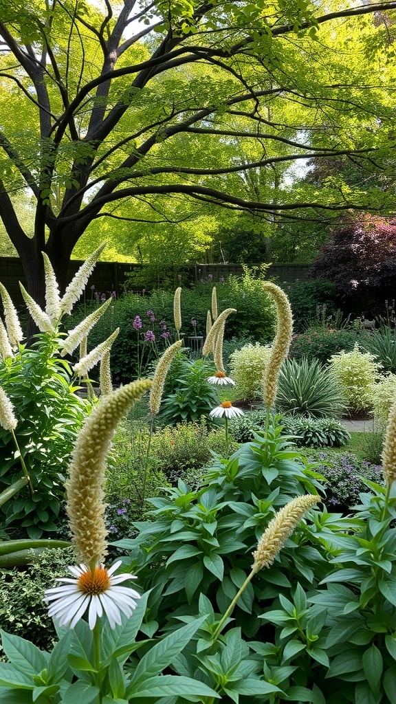 A lush garden with tall feathery plants and white flowers, thriving in a shaded area.