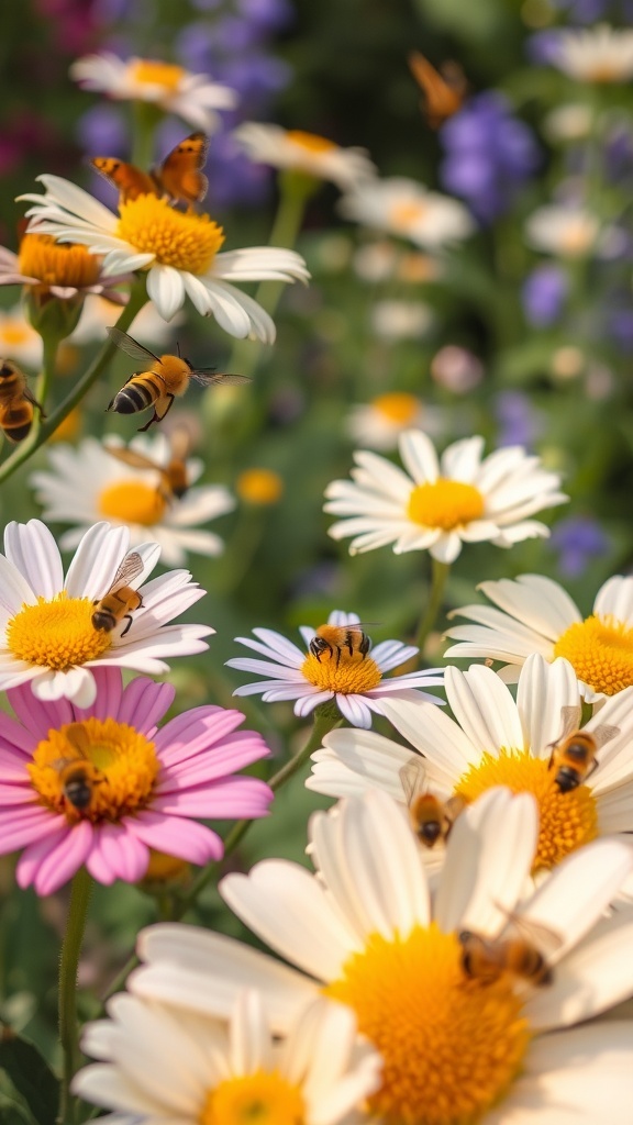 A close-up of colorful flowers with bees buzzing around, showcasing a vibrant garden.