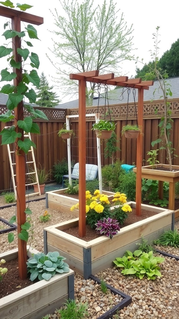 A raised bed garden featuring vertical gardening techniques with wooden trellises and hanging pots.