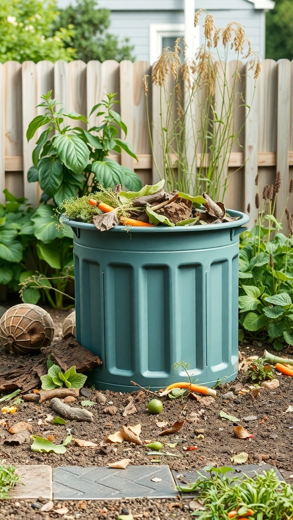 A compost bin filled with organic waste in a backyard garden.