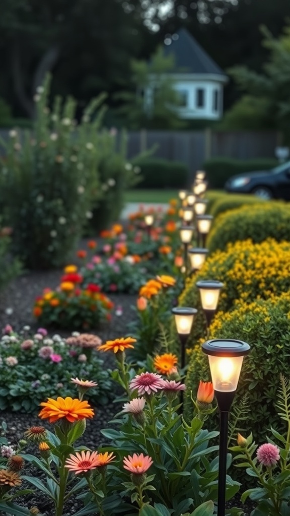 A garden pathway illuminated by solar-powered lights, surrounded by colorful flowers.
