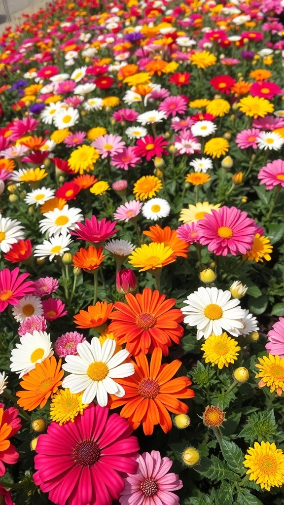 A vibrant flower bed with a mix of colorful flowers including pink, orange, yellow, and white daisies.