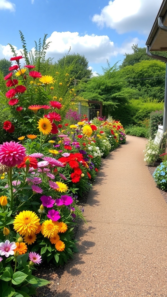 A vibrant garden path lined with colorful flowers in various shades.