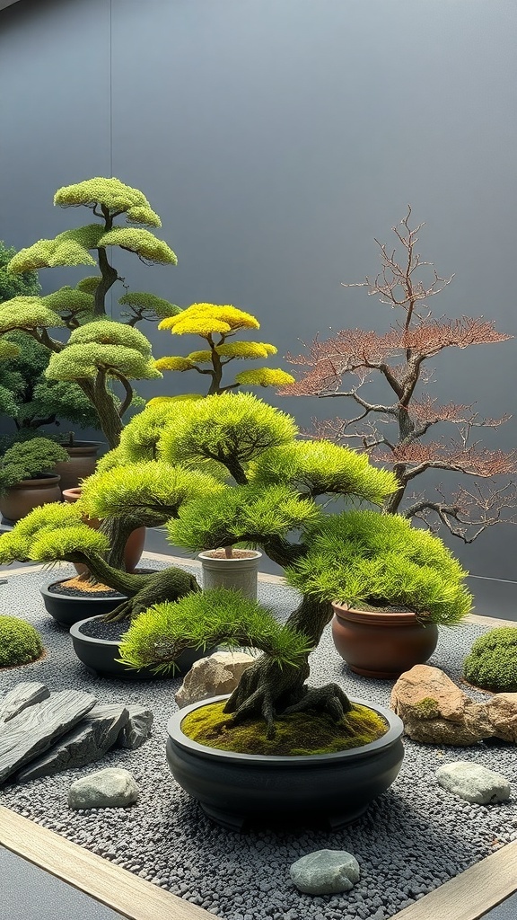 A collection of bonsai trees in various shapes and colors, arranged in a small Japanese garden setting.