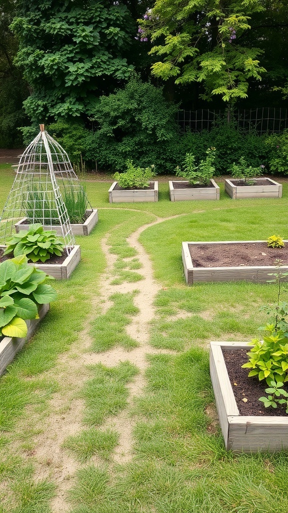 A raised bed garden with a clear pathway and various plants.