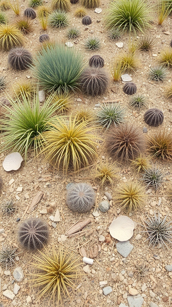 A dry garden featuring various spiky and round plants with different textures and colors on sandy soil.