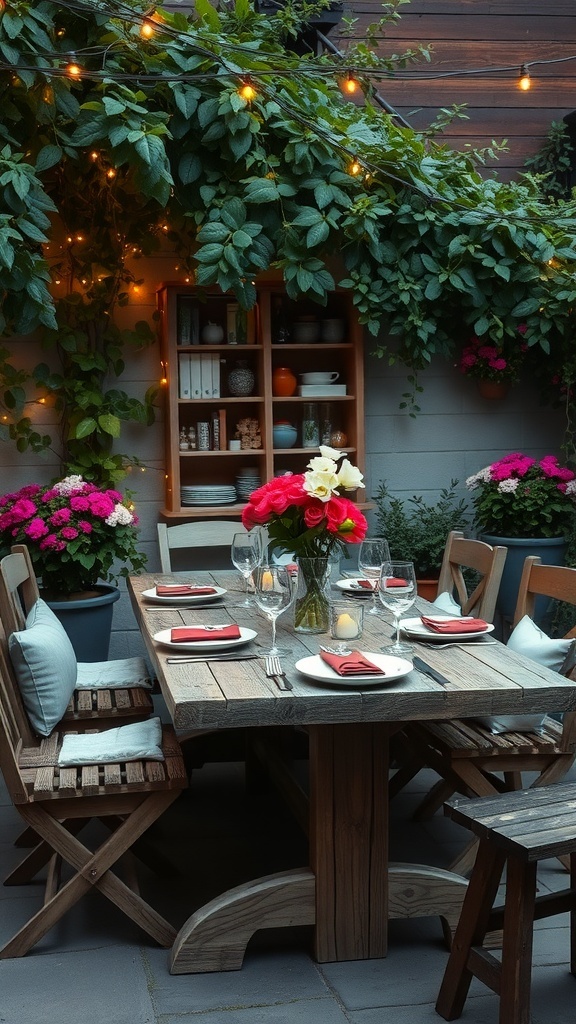 A cozy outdoor dining space with a wooden table set for a meal, surrounded by flowers and string lights.