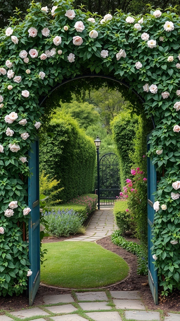 A garden arch covered in pink roses, leading to a lush green pathway.