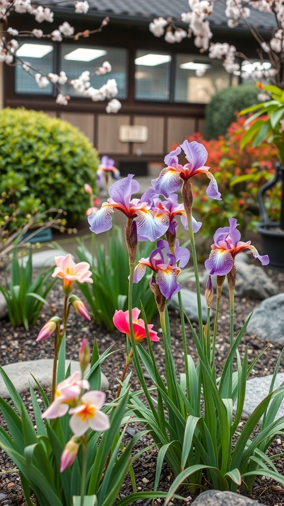 A small Japanese garden featuring blooming irises in purple and pink, surrounded by greenery and stones.